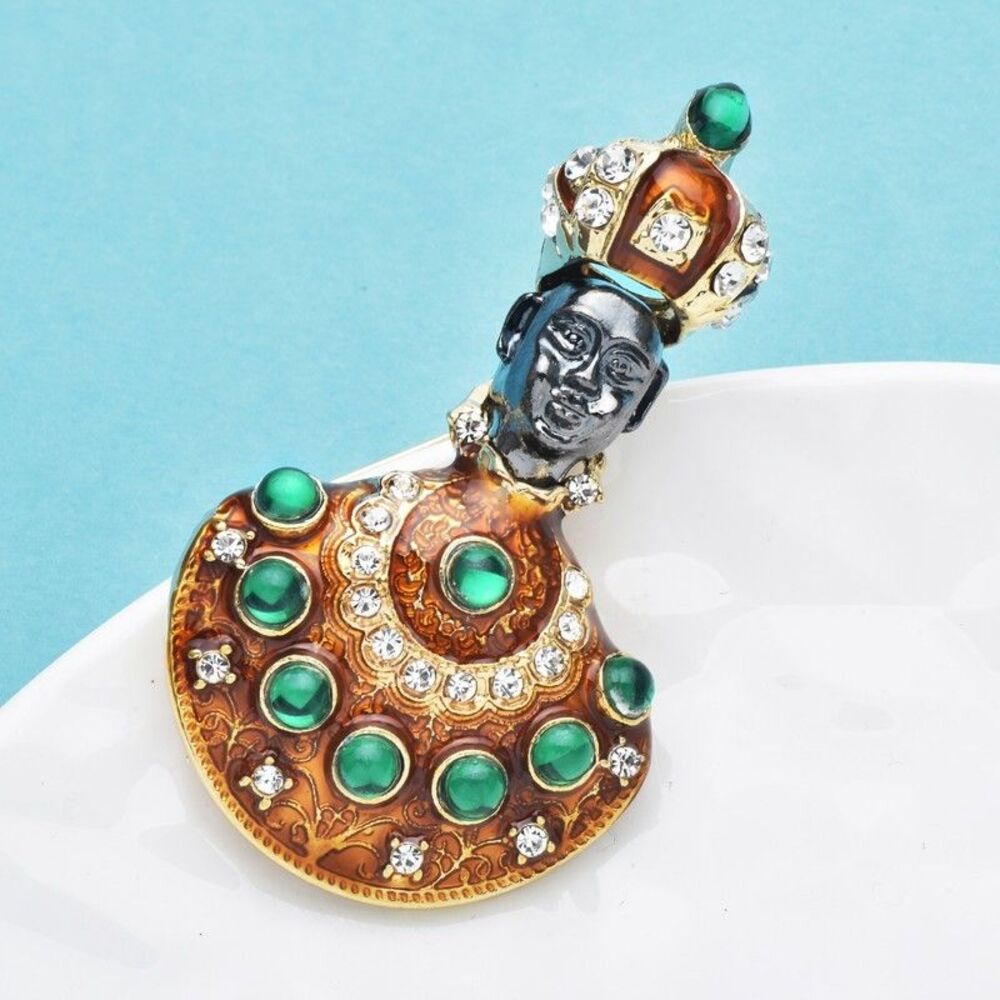 Regal Blackamoor Brooch Green Rhinestone Enamel Crown Figural Pin - Picture 3 of 3